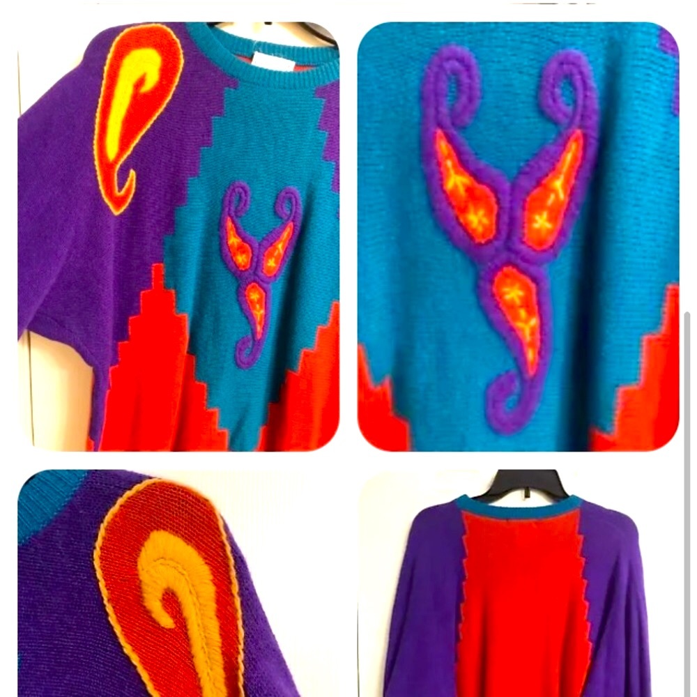 Vintage 80s Wool Angora blend  Paisley Colorblock Sweater Sz S colorful funky - Picture 3 of 4